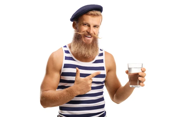 Bearded Man Hat Holding Glass Water Pointing Isolated White Background — ストック写真