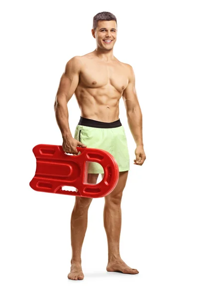 Retrato Comprimento Total Homem Musculoso Apto Carregando Flutuador Natação Isolado — Fotografia de Stock