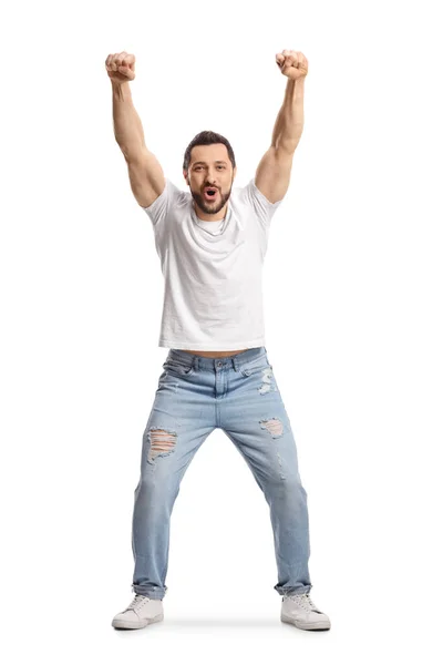 Full Length Portrait Young Man Cheering Isolated White Background — Foto Stock