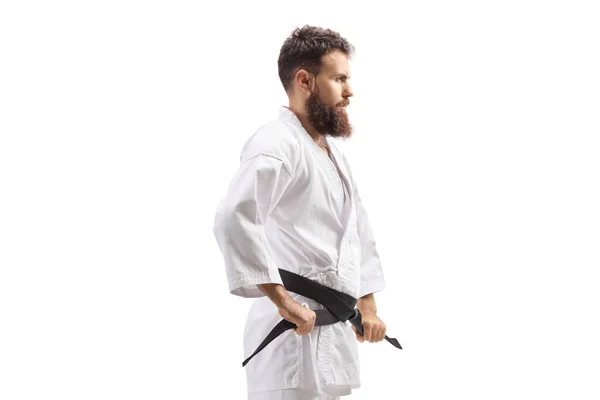 Férfi Karate Kimono Kötés Fekete Elszigetelt Fehér Háttér — Stock Fotó