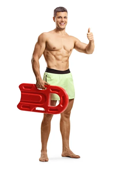 Full Length Portrait Fit Muscular Guy Holding Swimming Float Gesturing — Stock Photo, Image