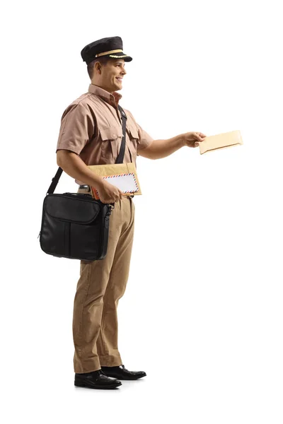 Full Length Profile Shot Mailman Delivering Letter Isolated White Background — Stock Photo, Image