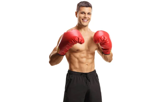 Boxeador Sonriente Posando Sin Camisa Pantalones Cortos Negros Guantes Rojos —  Fotos de Stock