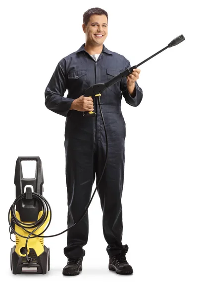 Retrato Comprimento Total Trabalhador Com Uma Máquina Lavar Pressão Isolada — Fotografia de Stock