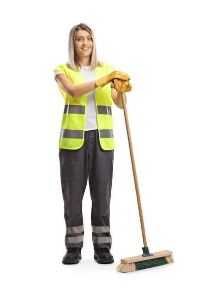 Full Length Portrait Young Female Cleaner Broom Isolated White Background — Stock Photo, Image