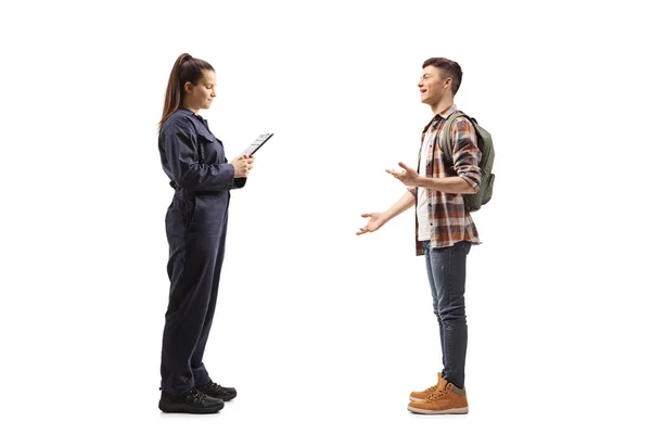 Full Length Profile Shot Female Auto Mechanic Talking Male Student — Stock Photo, Image