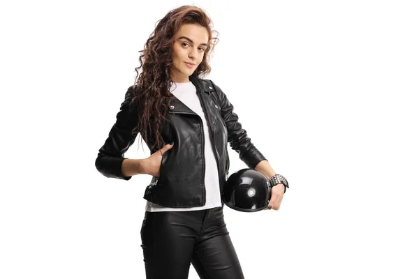 Woman Biker Leather Jacket Holding Helmet Isolated White Backgroun — Stock Photo, Image