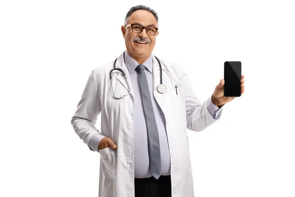 Smiling Mature Doctor Holding Smartphone Isolated White Background — Stock Photo, Image