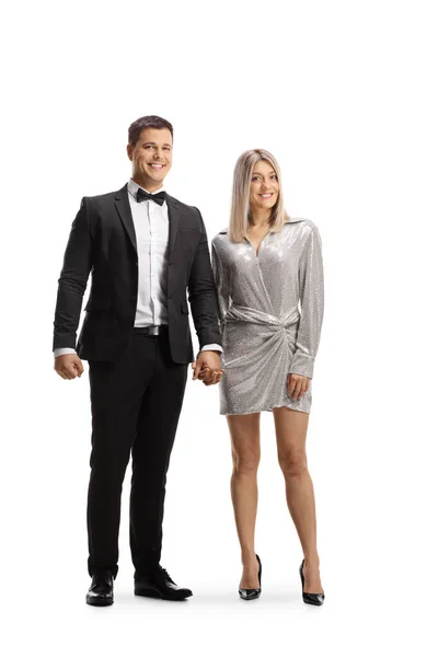 Full Length Portrait Elegant Young Couple Holding Hands Isolated White — Stock Photo, Image