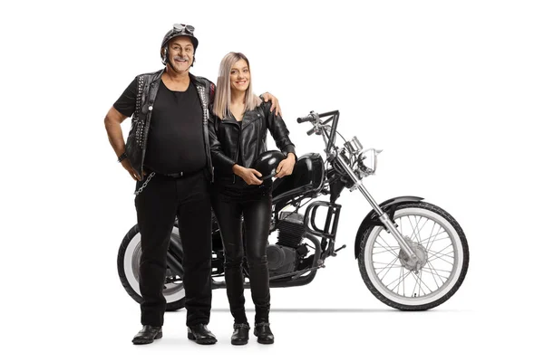 Elderly Man Biker Embrace Woman Standing Front Chopper Isolated White — Stock Photo, Image