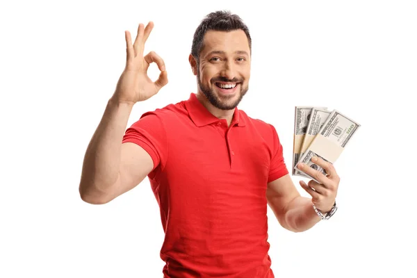 Kerl Rotem Shirt Mit Bargeld Und Gestikulierendem Zeichen Auf Weißem — Stockfoto