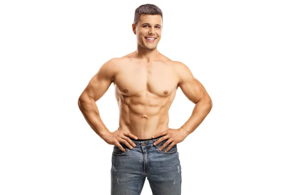 Schöner Muskulöser Typ Ohne Hemd Der Jeans Trägt Und Isoliert — Stockfoto