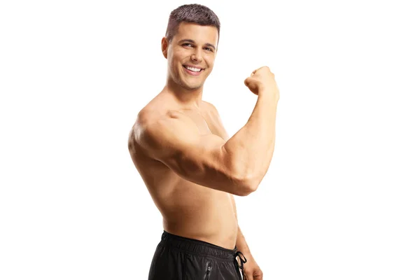 Handsome Shirtless Guy Smiling Flexing Biceps Muscle Isolated White Background — Stock Photo, Image