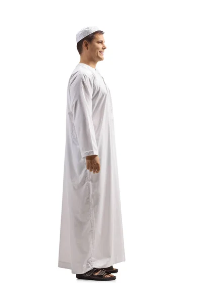 Full Length Profile Shot Young Man White Ethnic Clothes Isolated — Stock Photo, Image