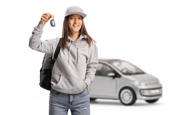 Vrouwelijke Student Met Een Auto Achter Het Houden Van Een — Stockfoto