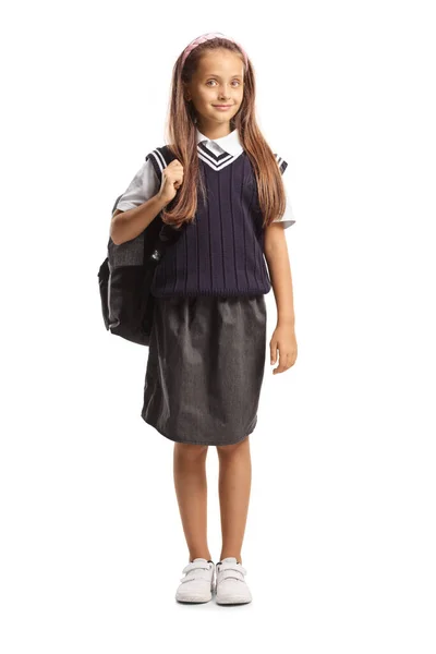 Schoolgirl Uniform Carrying Backpack Smiling Camera Isolated White Background — Stock Photo, Image