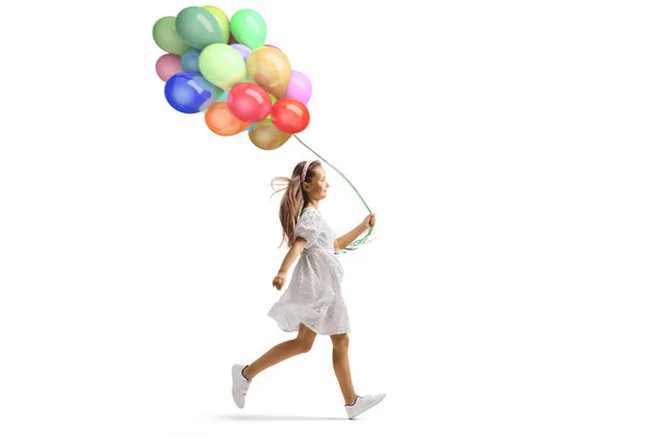 Menina Vestido Branco Correndo Segurando Monte Balões Isolados Fundo Branco — Fotografia de Stock