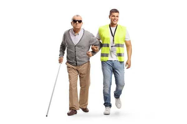 Full Length Portrait Community Worker Helping Blind Man Isolated White — Stock Photo, Image