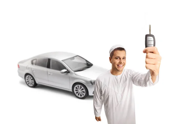 Young Man White Ethnic Clothes Showing Keys Silver Car Front — Stock Photo, Image