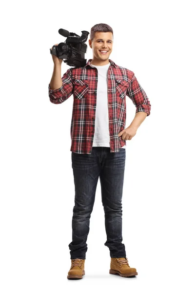 Full Length Portrait Young Man Holding Professional Recording Camera Smiling — Stock Photo, Image