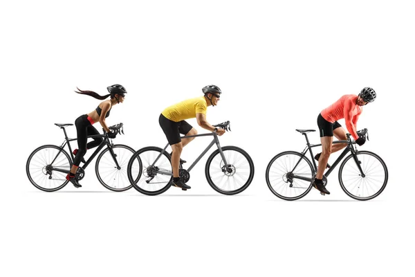 Jóvenes Montando Bicicletas Carretera Aisladas Sobre Fondo Blanco —  Fotos de Stock