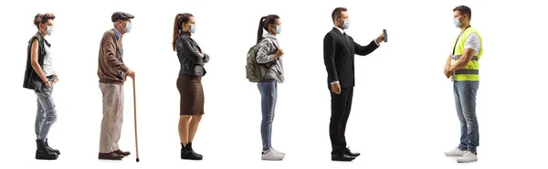 Full Length Profile Shot People Line Wearing Protective Masks Showing — Stock Photo, Image