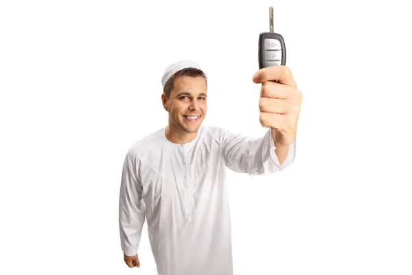 Young Man White Ethnic Clothes Holding Car Keys Isolated White — Stock Photo, Image