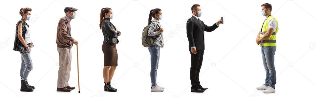 Full length profile shot of people in line wearing protective masks and showing vaccination certificates to a security officer isolated on white background