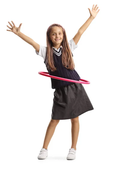 Smiling Schoolgirl Playing Hula Hoop Isolated White Background — Stock Photo, Image