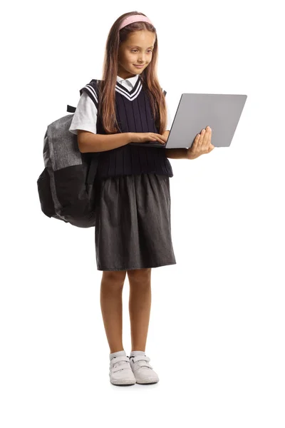 Full Length Portrait Girl School Uniform Holding Laptop Computer Looking — Stock Photo, Image