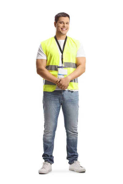 Full Length Portrait Security Guy Vest Smiling Isolated White Background — Stock Photo, Image