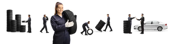 Automechanikerin Mit Reifen Und Anderen Automechanikern Auf Weißem Hintergrund — Stockfoto