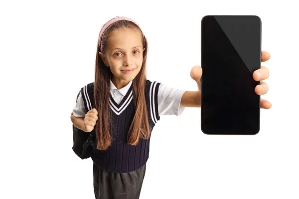 Colegiala Joven Mostrando Teléfono Inteligente Frente Cámara Aislada Sobre Fondo —  Fotos de Stock