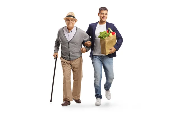 Full Length Portrait Son Helping His Elderly Father Grocery Bag — Stock Photo, Image