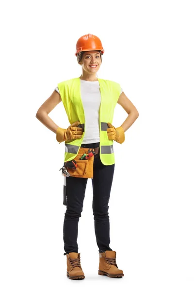 Full Length Portrait Young Female Construction Worker Wearing Hardhat Tool — Stock Photo, Image
