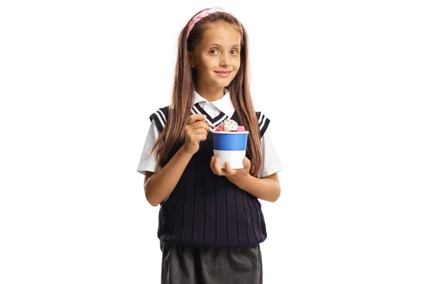 Cute Schoolgirl Holding Ice Cream Paper Cup Smiling Camera Isolated — Stock Photo, Image