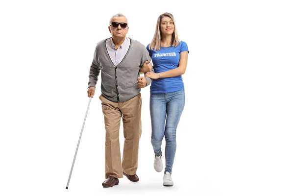Full Length Portrait Young Female Volunteer Helping Elderly Blind Man — Stock Photo, Image