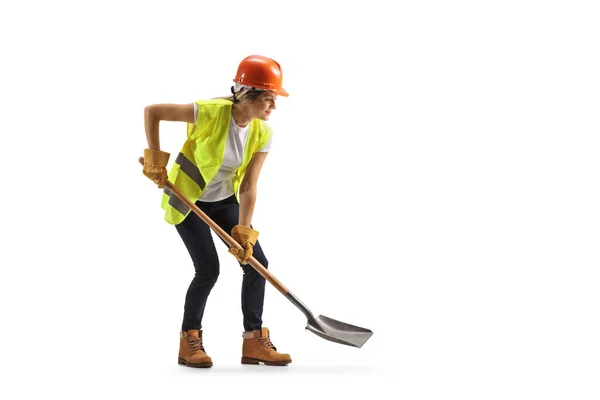 Female Worker Wearing Hardhat Tool Belt Digging Shovel Isolated White — Stock Photo, Image