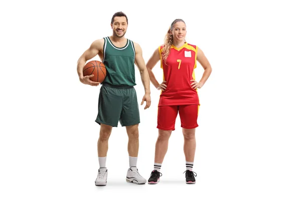 Jugadores Baloncesto Masculinos Femeninos Equipos Opuestos Aislados Sobre Fondo Blanco —  Fotos de Stock