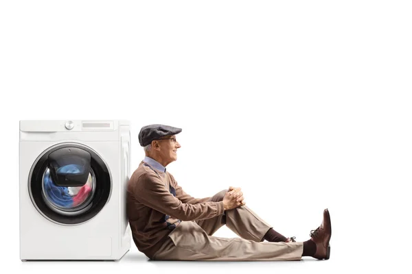 Elderly Man Sitting Gorund Leaning Washing Machine Isolated White Background — Stock Photo, Image