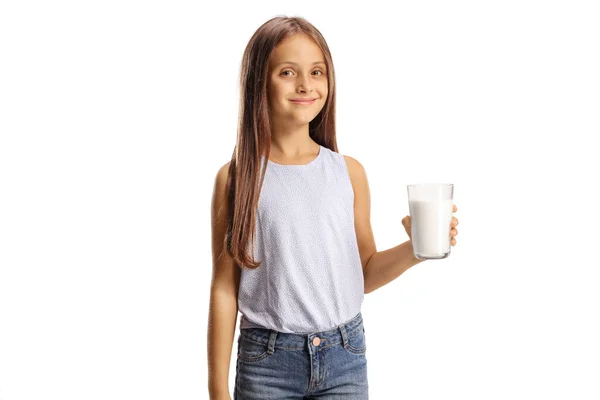 Smiling Girl Holding Glass Milk Isolated White Background — Stock Photo, Image