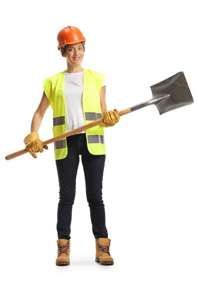 Volledige Lengte Portret Van Een Vrouwelijke Werknemer Met Een Schop — Stockfoto