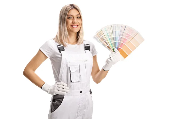 Pintora Casa Uniforme Blanco Sosteniendo Una Paleta Colores Sonriendo Aislada —  Fotos de Stock