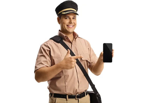 Postacı Beyaz Arka Planda Izole Edilmiş Bir Cep Telefonu Kameraya — Stok fotoğraf