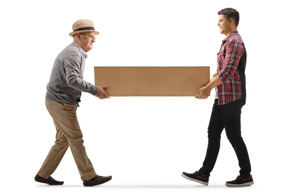 Young Elderly Man Carrying Cardboard Box Isolated White Background — Stock Photo, Image