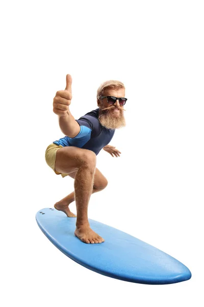 Baard Jongeman Surfen Tonen Duimen Omhoog Geïsoleerd Witte Achtergrond — Stockfoto