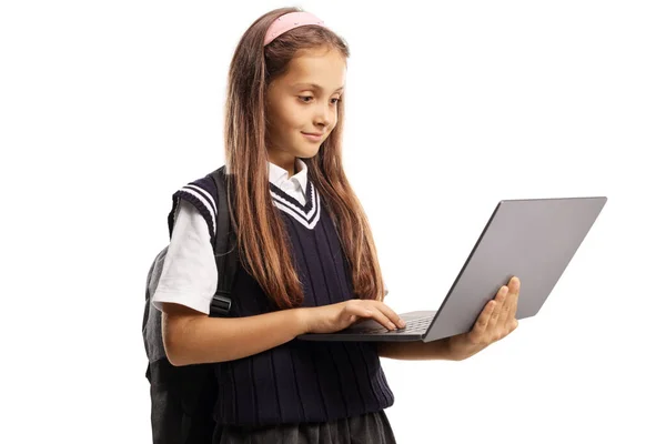 Schoolgirl Standing Typing Laptop Computer Isolated White Background — Stock Photo, Image