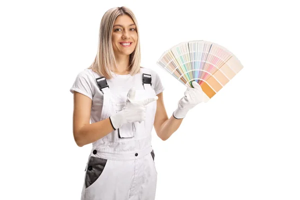 Female House Painter White Uniform Holding Color Palette Pointing Isolated — Stock Photo, Image