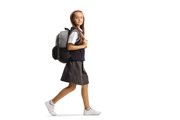 Fotografía Completa Una Colegiala Uniforme Llevando Una Mochila Caminando Mientras — Foto de Stock