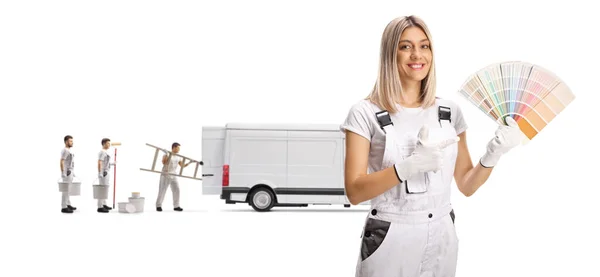 Female Painter Holding Color Palette Workers White Van Isolated White — Stock Photo, Image